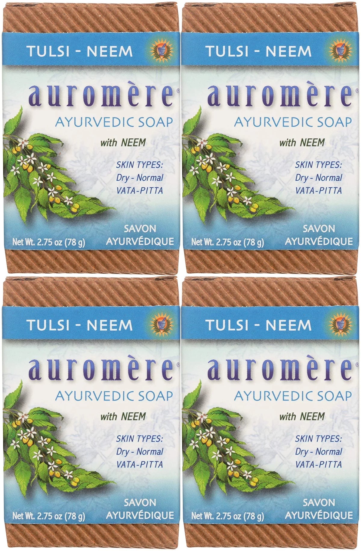Auromere Ayurvedic Bar Soap, Tulsi Neem - Eco Friendly, Handmade, Vegan, Cruelty Free, Natural, Non Gmo (2.75 Oz), 4 Pack.