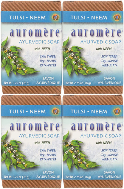 Auromere Ayurvedic Bar Soap, Tulsi Neem - Eco Friendly, Handmade, Vegan, Cruelty Free, Natural, Non Gmo (2.75 Oz), 4 Pack.