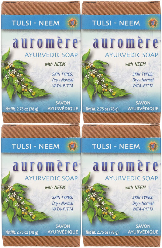 Auromere Ayurvedic Bar Soap, Tulsi Neem - Eco Friendly, Handmade, Vegan, Cruelty Free, Natural, Non Gmo (2.75 Oz), 4 Pack.
