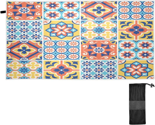 Bestwell Mexican Talavera Tiles Style Beach Towel Oversized Towel Blanket, Thin Lightweight Microfiber Sand Free Quick Dry Towel, 31”X71” Multipurpose Pool Bath Yoga Swim Shower Towel