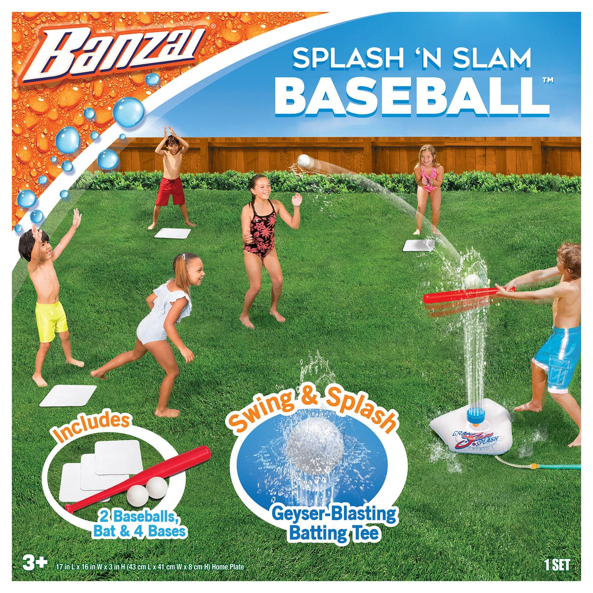 Banzai Splash & Slam Baseball - Tee & Sprinkler liquid Sports Game - Includes Plastic Bat + 2 Plastic Balls + Home Plate & Bases, , Backyard Batting Practice, Kids Ages 3