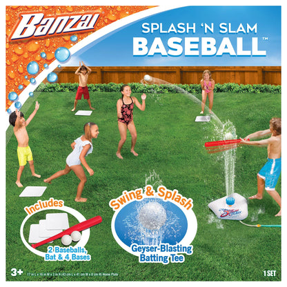 Banzai Splash & Slam Baseball - Tee & Sprinkler liquid Sports Game - Includes Plastic Bat + 2 Plastic Balls + Home Plate & Bases, , Backyard Batting Practice, Kids Ages 3