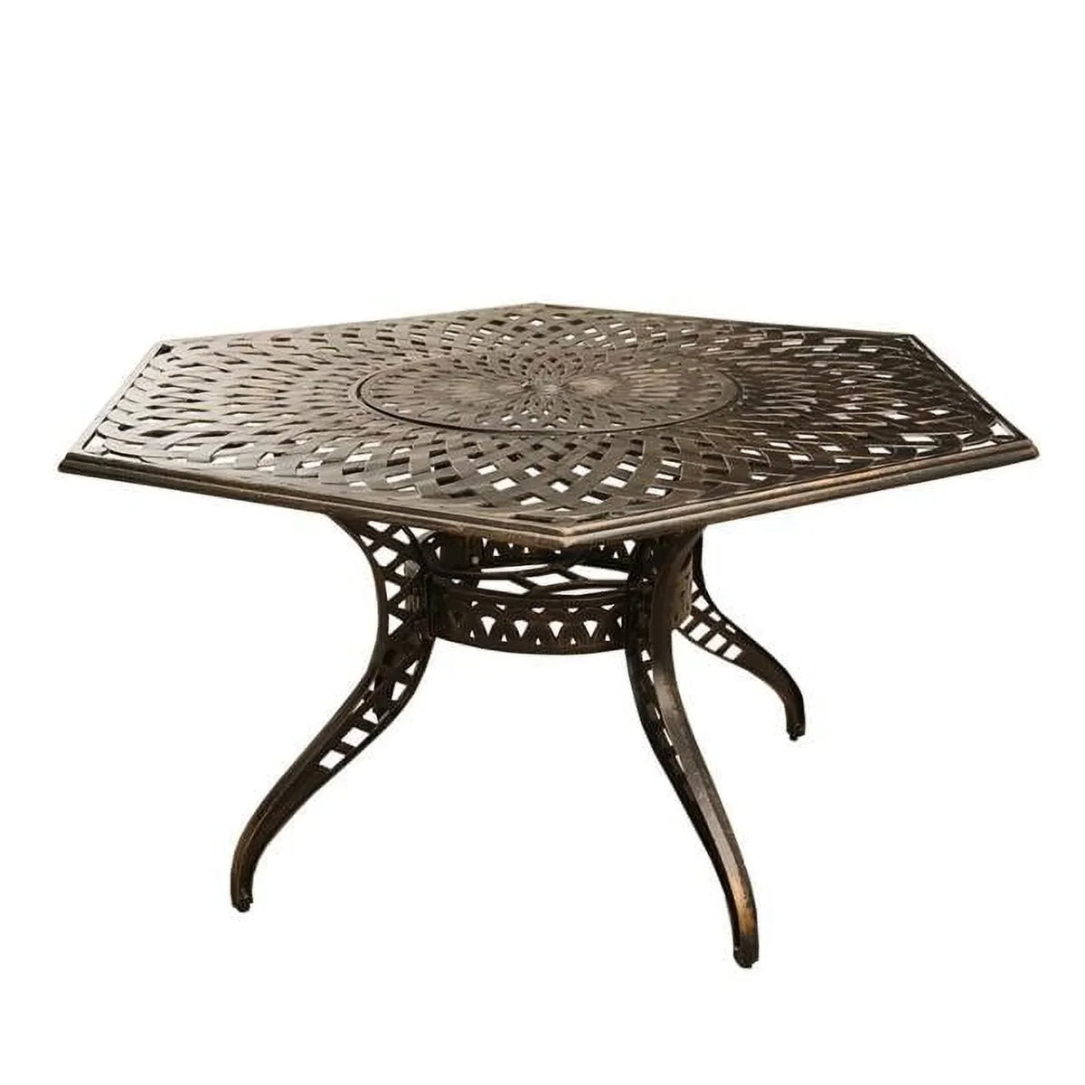 Contemporary Modern Outdoor Mesh Lattice Aluminium Hexagon Dining Table with Lazy Susan, Bronze. 63 in