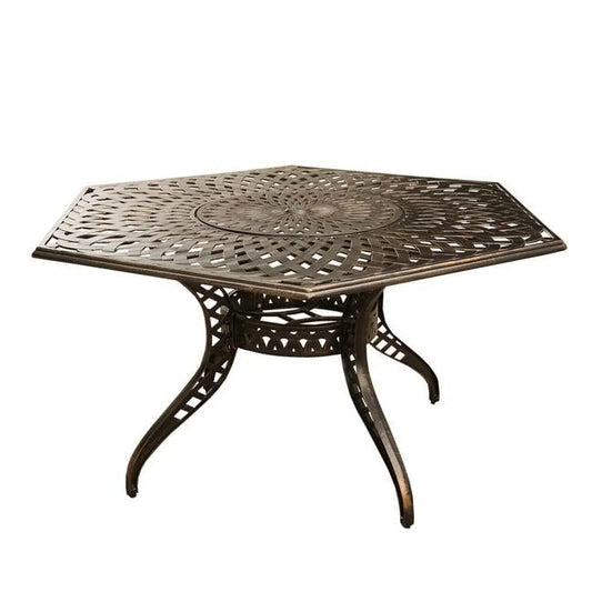 Contemporary Modern Outdoor Mesh Lattice Aluminium Hexagon Dining Table with Lazy Susan, Bronze. 63 in