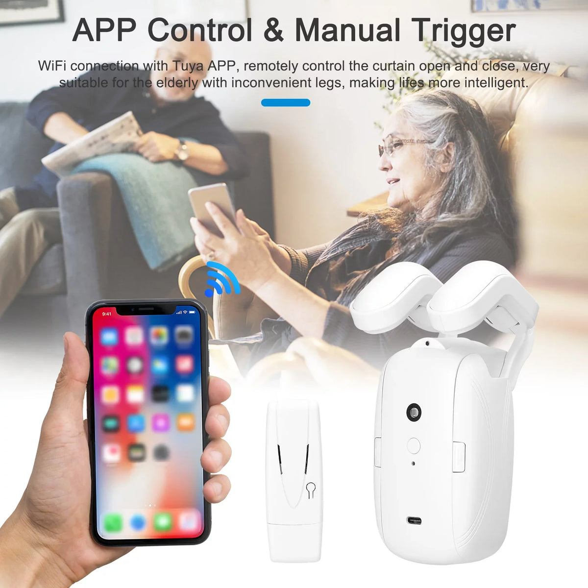 Htovila WiFi Intelligent Curtain Motor Electric Curtain Robot Automatic Opener No Wiring with Gateways Support APP Remote Control Timer Setup & Sensing suitable with Home for Roman Rod