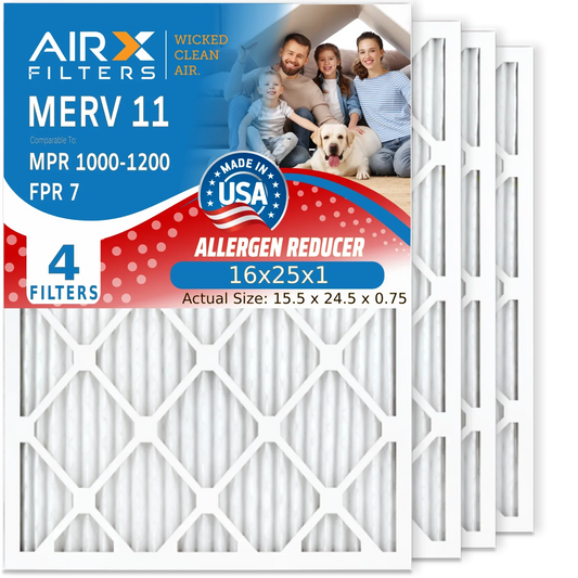 16x25x1 Air Filter MERV 11 Comparable to MPR 1000, MPR 1200 & FPR 7 Electrostatic Pleated Air Conditioner Filter 4 Pack HVAC Premium USA Made 16x25x1 Furnace Filters by AIRX FILTERS WICKED CLEAN AIR.