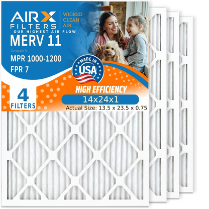 14x24x1 Air Filter MERV 11 Comparable to MPR 1000, MPR 1200 & FPR 7 Electrostatic Pleated Air Conditioner Filter 4 Pack HVAC Premium USA Made 14x24x1 Furnace Filters by AIRX FILTERS WICKED CLEAN AIR.