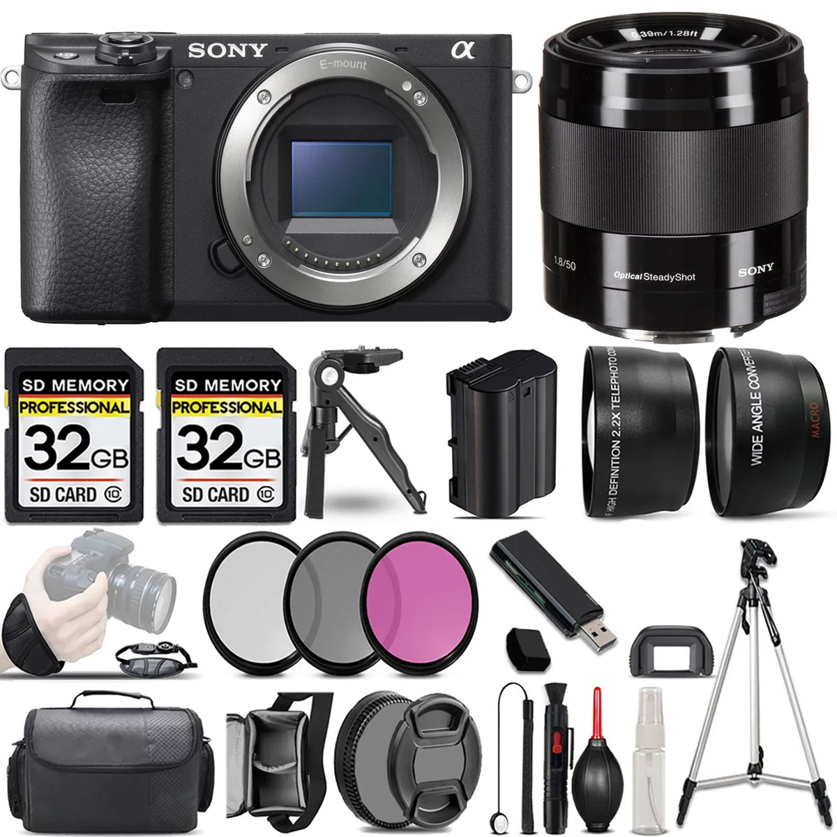a6400 Mirrorless Camera +50mm f/1.8 OSS Lens (Black) +3 PC Filter +64GB