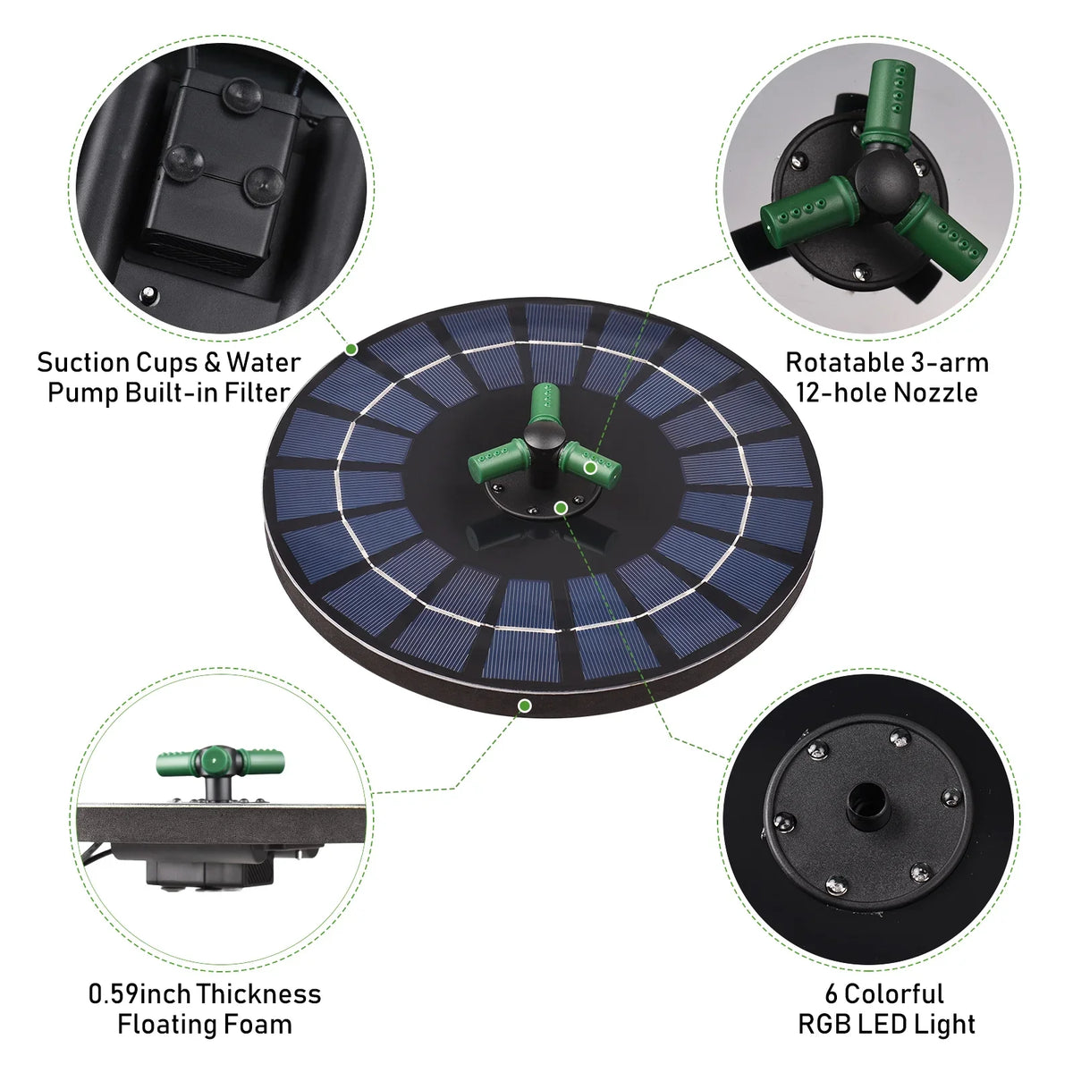 6W Colorful Solar Fountain Pump With Rotatable Nozzle LED Light Solar moisture Pump With Battery Auto-Shut off 9 Inch Fountain for Bird Bath Garden Small Pond