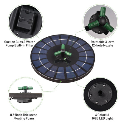 6W Colorful Solar Fountain Pump With Rotatable Nozzle LED Light Solar moisture Pump With Battery Auto-Shut off 9 Inch Fountain for Bird Bath Garden Small Pond