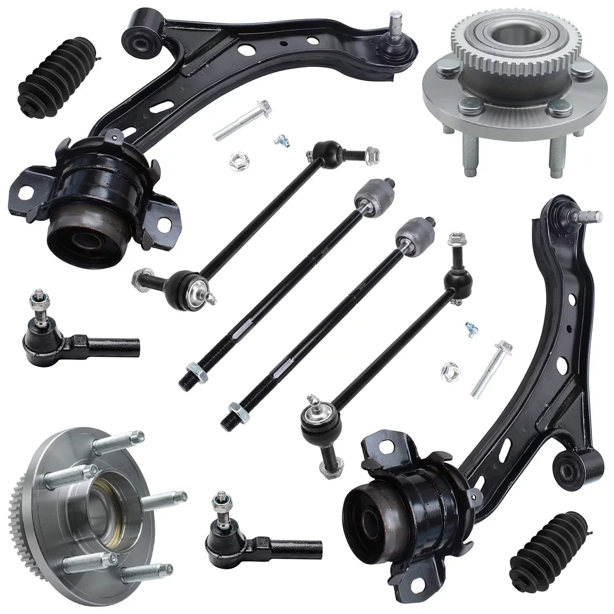 Detroit Axle - Front 12pc Suspension Kit  Mustang 2005 2006 2007 2008 2009 2010, 2 Lower Control Arms 2 Sway Bars 4 Outer Inner Tie Rods 2 Wheel Bearing and Hubs 2 Boots Replacement